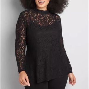 Super Sexy Lane Bryant High Neck Sheer Inky Black Lace Blouse Size 22/24